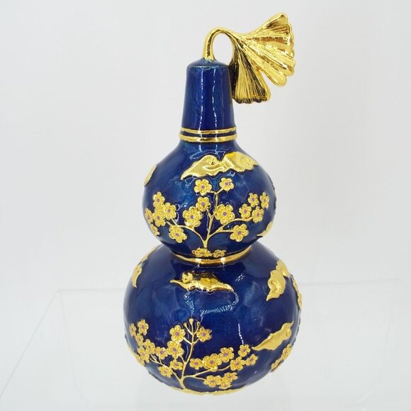 Feng Shui Blue and Gold Wu Lou 6" Calabash Gourd Joyous Cranes - Picture 3 of 10